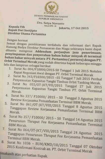 Surat Setya Novanto yang ditujukan kepada Dirut Pertamina perihal Addendum Jasa Penerimaan, penyimpanan dan penerimaan BBM PT Orbit Terminal Merak.